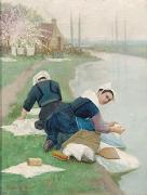 Lionel Walden Women Washing Laundry on a River Bank France oil painting artist